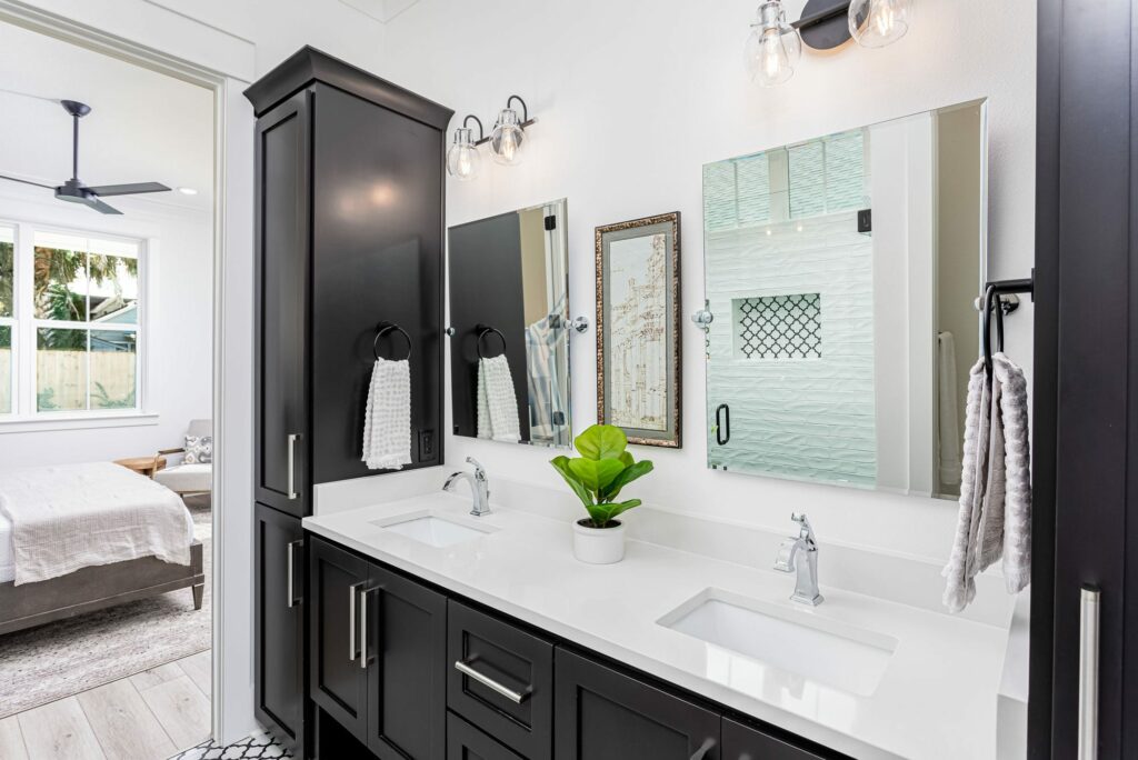 Interior design of bathroom, modern sink, black & white, unique functionality.